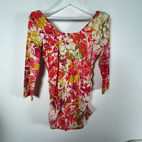 Cabi Women's Multicolor Floral Ruched Knit 3/4 Sleeve Top Blouse Large Stretch - Picture 2 of 8